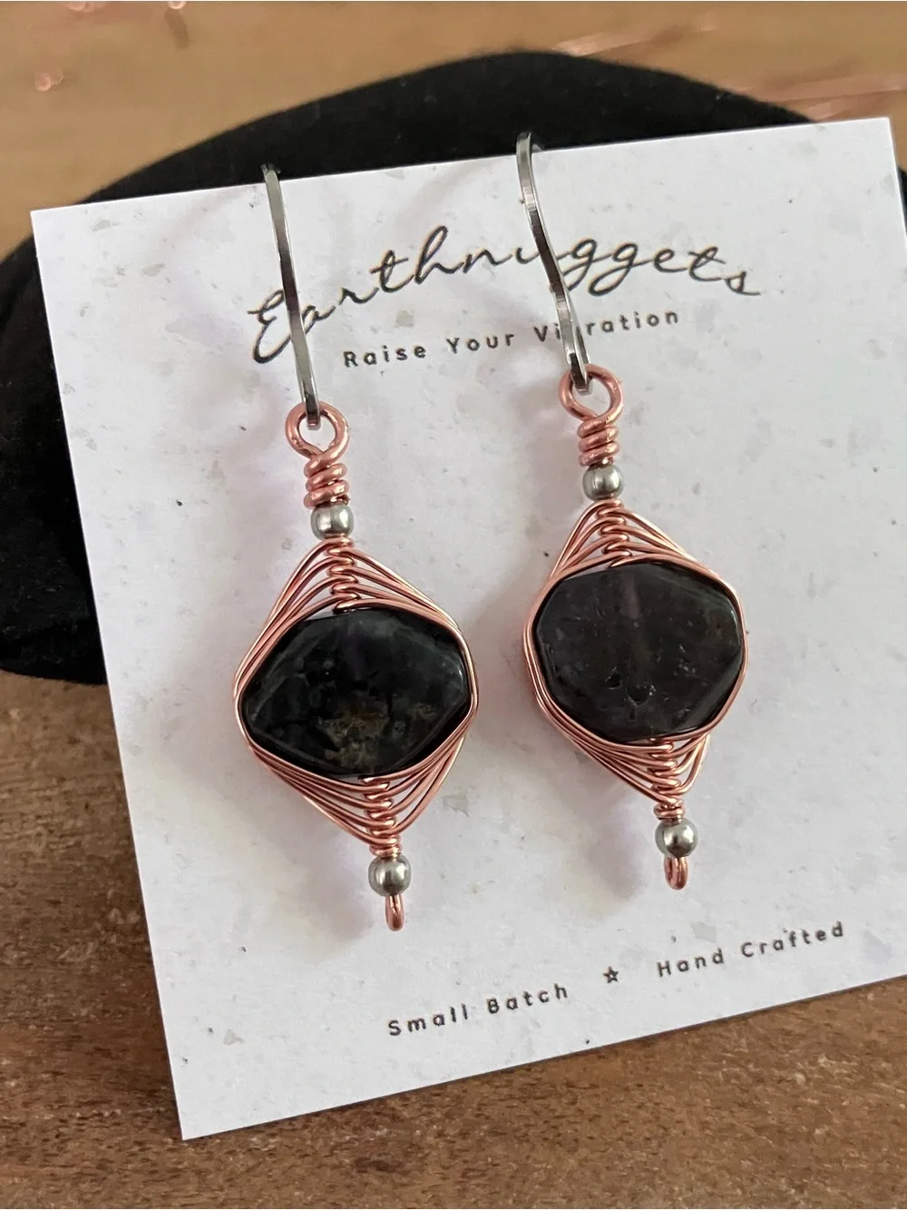 Copper wire wrapped natural iolite gemstone earrings stainless steel